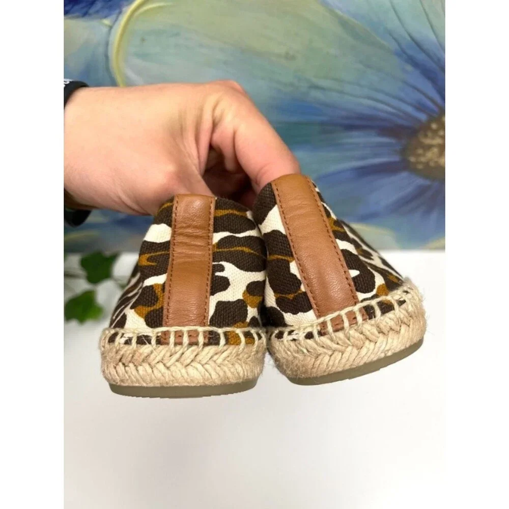 New Tory Burch Ines Leopard Print Canvas Espadrille Flats Brown Tan Women 9.5